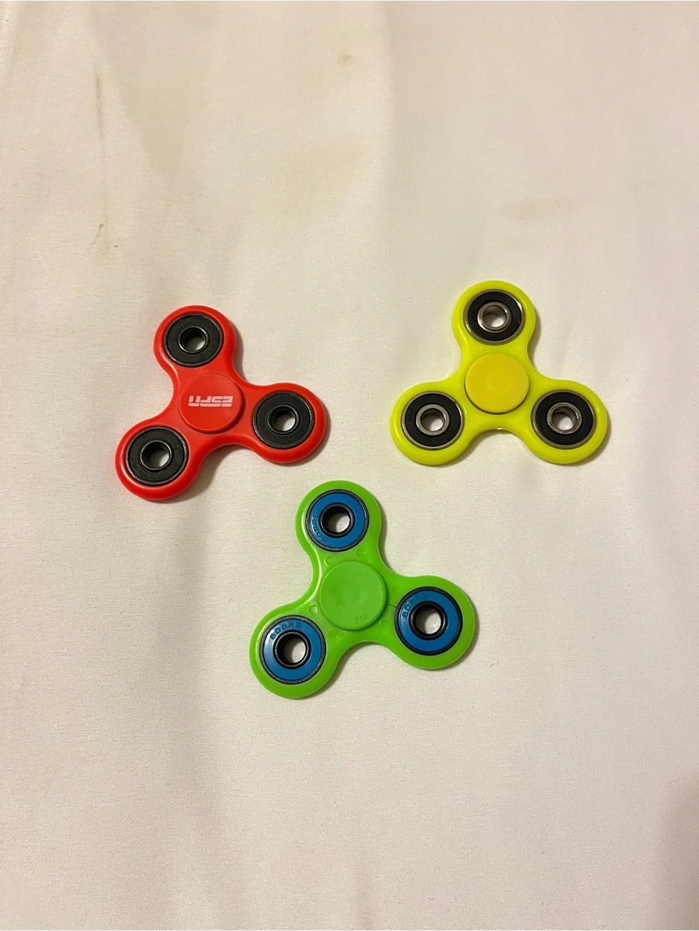 Lot of 3 Fidget Spinners ESPN Dish Network Plastic Toy Red Green Yellow